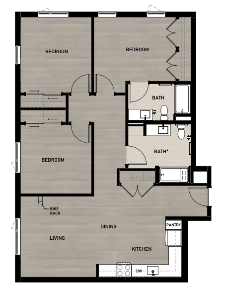 Floor plan for 3 beds, 2 baths, 1184 sqft